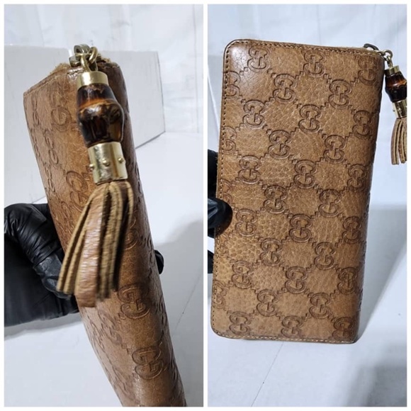 Authentic GUCCI Vintage Guccissima Bamboo Tassel Zip Around Wallet Light Brown - Picture 9 of 13